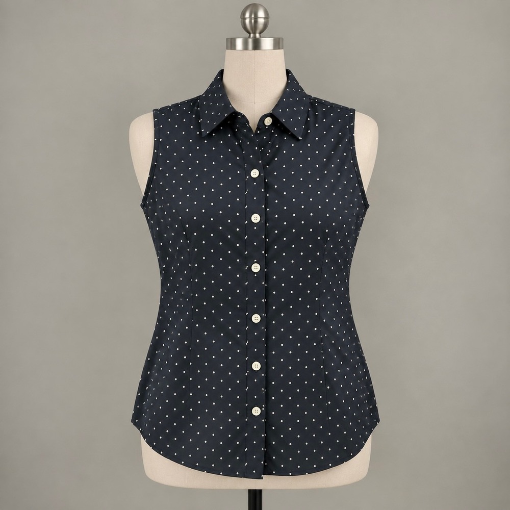 Banana Republic Top Women's 4 Navy Polka Dot Non Iron Sleeveless Button NWT